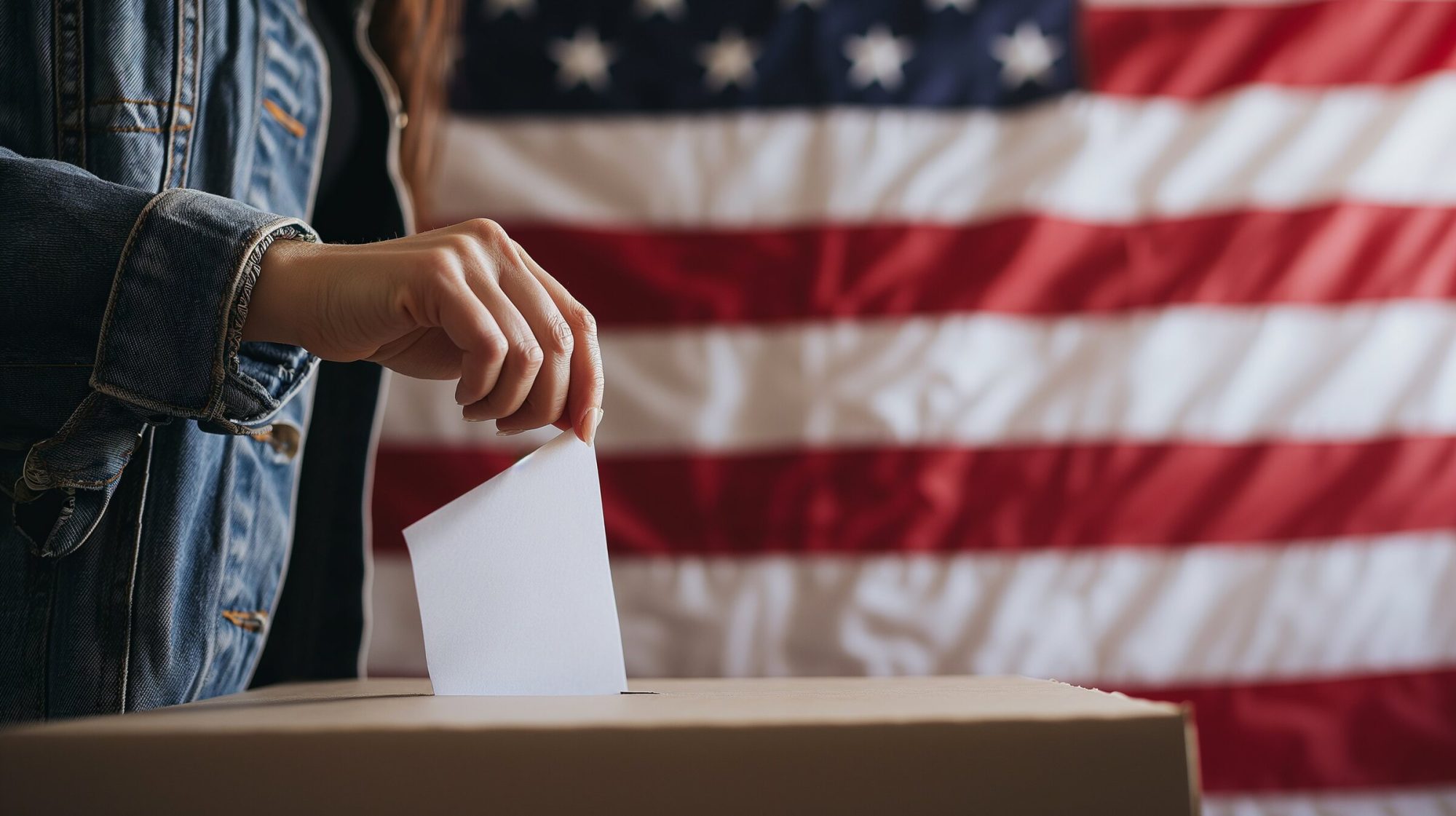 Voter placing a ballot in a box in front of an American flag